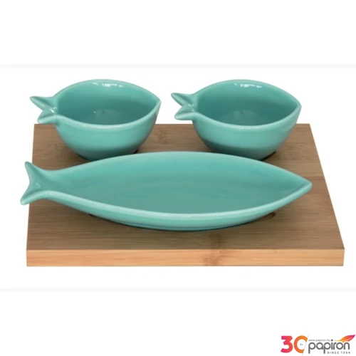 Tál Porcelán haltálka 3 részes:2db 9x7cm, 1db 18x8cm bambusztálcán 19,5x16,5cm, Sea Friends
