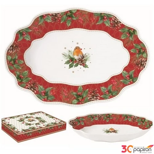Tál Porcelán karácsonyi 30x21x5cm, dobozban. Christmas Berries kézzel festett