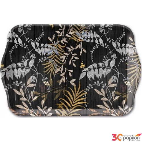 Tálca Ambiante kicsi Luxury Leaves Black műanyag kistálca 13x21cm