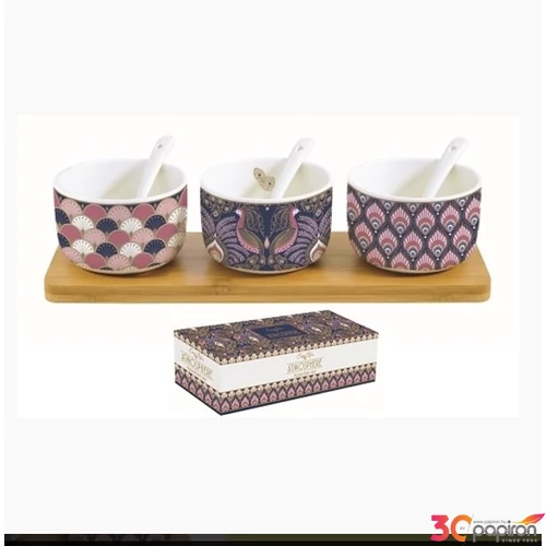 Tálkaszett Porcelán kanállal 3db-os,bambusztálcan 26x8cm dobozban,Atmosphere Peacock