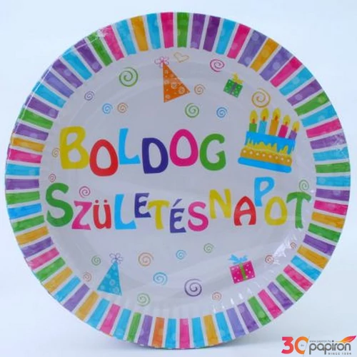 Party tányér papír 23cm Boldog Születésnapot feliratos, tortás (6db/csomag)
