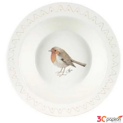 Tányér kerámia 23cm madárral, fehér, mélytányér