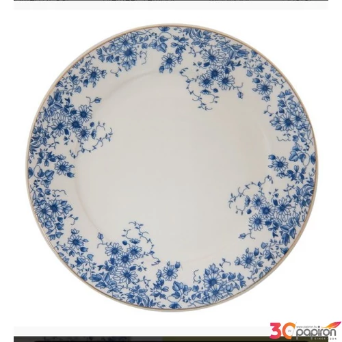 Tányér lapos porcelán 26cm, White Blue Flowers lapostányér kézzel festett