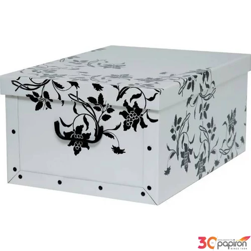 Tárolódoboz Maxi 52x40x25 cm fehér/fekete virágos