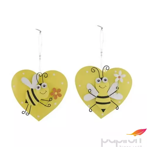 Tavasz dekor akasztós szív alakú méhecskével, fém 10x10cm sárga, 2 féle