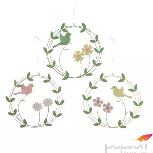 Tavasz dekor akasztós madárral, virággal fém 17x17cm 3 féle rózsaszín sárga