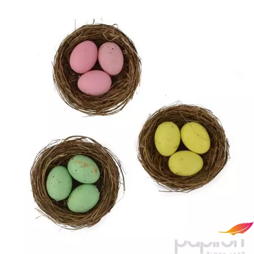 Húsvéti dekor tojás fészekben, műanyag 6cm, sárga zöld rózsaszín 3 féle