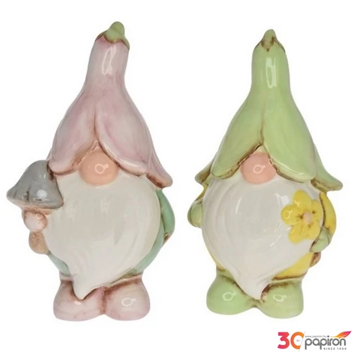 Tavaszi dekor törpe fiú, lány álló kerámia 8,4x6,5x14,1cm zöld,rózsaszín 2 féle
