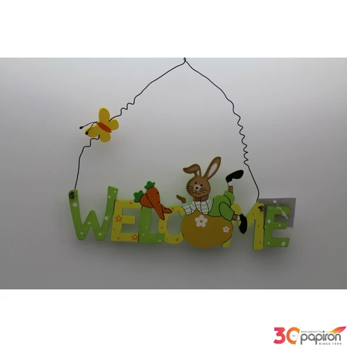 Tavaszi dekor kopogtató nyúl dekoros Welcome felirat 23x23cm Húsvéti ajtó dekoráció