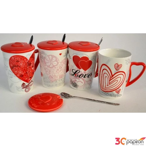 Bögre teás SZÍVES KANÁLLAL, 440 ML, Porcelán, 4 VARIÁCIÓ 