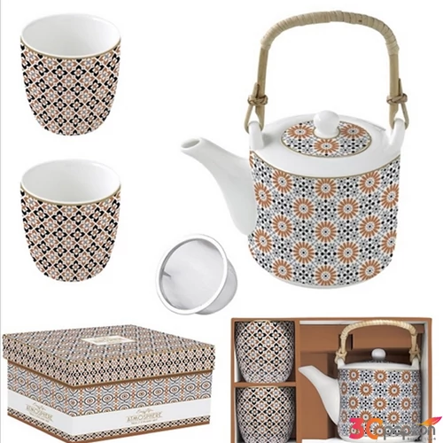 Teáskanna+2pohár porcelán 6dl fémszürővel, 160ml, Atmosphere, Geoe dobozban,