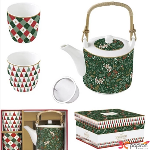 Teáskanna+2pohár porcelán 6dl fémszűrővel, 160ml, Fancy Christmas, dobozban,