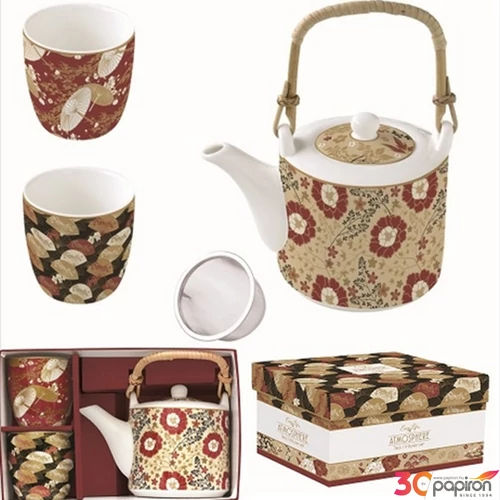 Teáskanna+2pohár porcelán 6dl fémszűrővel, 160ml, Kimono, Atmosphe dobozban,