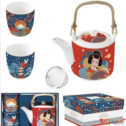 Teáskanna+2pohár porcelán 6dl fémszűrővel, 160ml, Tokyo, Atmospher dobozban,