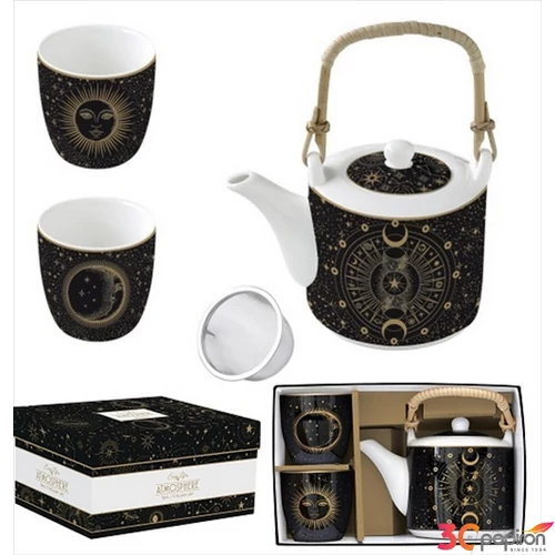 Teáskanna+2pohár Porcelán 6dl fémszürővel, 160ml Atmosphere, Celes dobozban