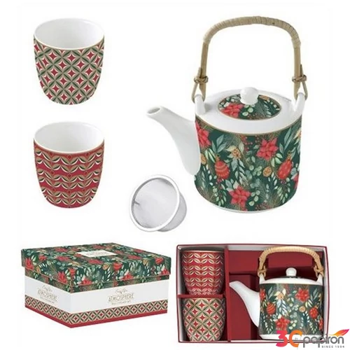 Teáskanna+2pohár Porcelán 6dl fémszürővel, 160ml Atmosphere, Chris dobozban