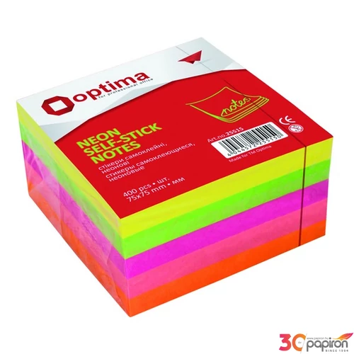 Tépőtömb 75x75mm Optima 400lapos neon szín, ragasztott Papiron jegyzettömb