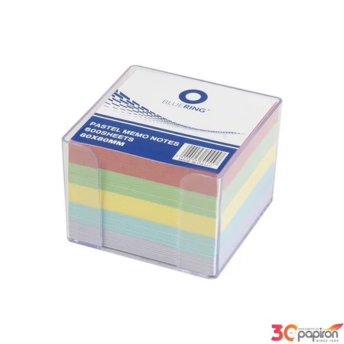 Tépőtömb 8x8x6,5cm Bluering kockatömb transzparens tartóban színes pasztell