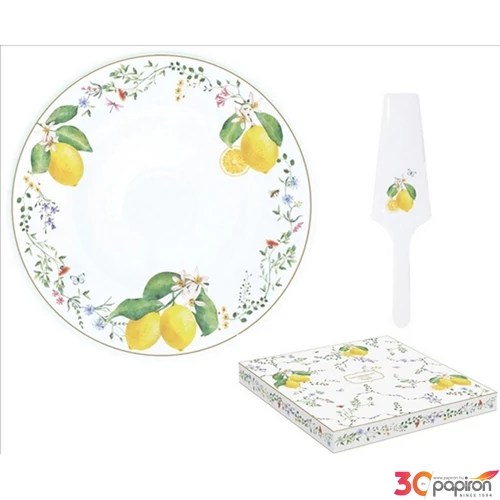 Tortatál porcelán 32cm, Fleurs et Citrons dobozban