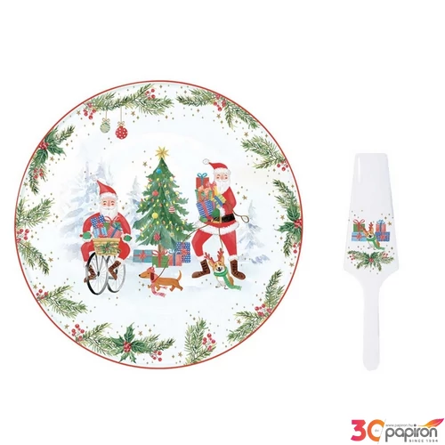 Tortatál Porcelán karácsonyi 32cm, dobozba, Joyful Santa dobozban