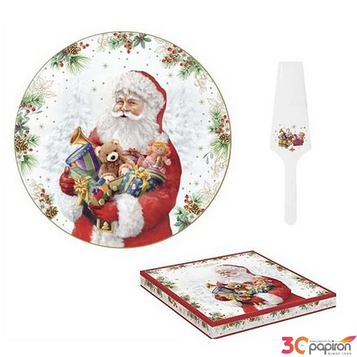 Tortatál Porcelán karácsonyi 32cm, Santa Is Coming dobozban