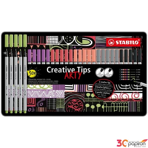 Tűfilc készlet Stabilo fém doboz,Creative Tips ARTY,6 különböző pasztell szín, 5 különböző vastagság