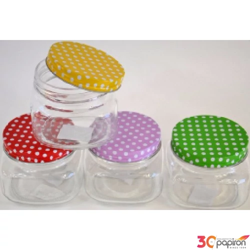 Üveg befőttes 10x10x9,5cm színes pöttyös tetővel 357735