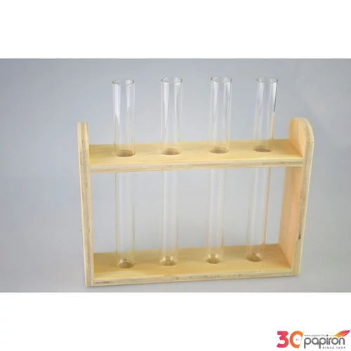 Üveg kémcső fa tartóban ÁTM.:1,5cm 4db, 16,5x4x15,2cm 