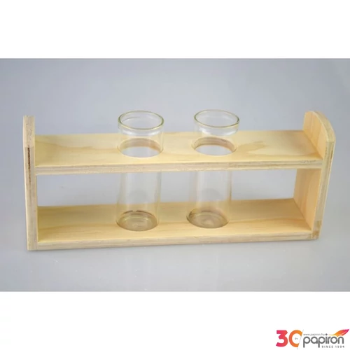 Üveg kémcső fa tartóban ÁTM.:3cm 2db, 20x4,7x8,5cm
