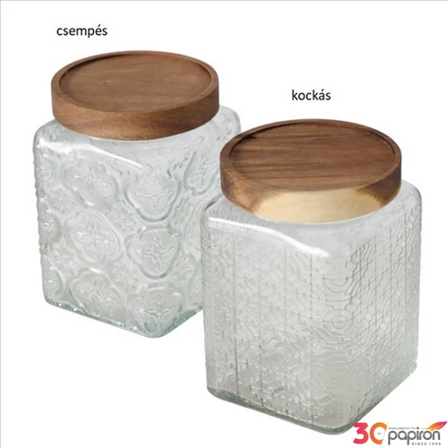 Üveg konyhai tároló Dombormintás akácfa tetővel 10x10x14,5cm