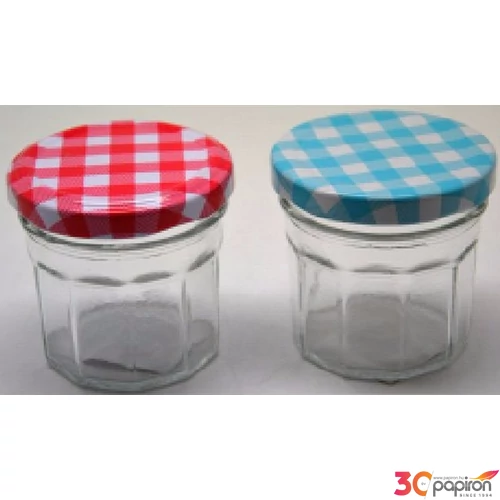 Üveg mini befőttes 6,5x6,5cm színes pöttyös tetővel, 80ml szögletes 357732