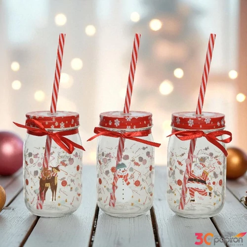 Üvegpohár kézzel festett karácsony mintás szívószállal SDKAE25 3féle 7,3x13cm elegáns