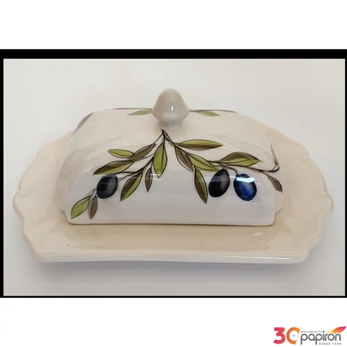 Vajtartó kerámia 22x15x9cm olajbogyós domború mintás kézzel festett