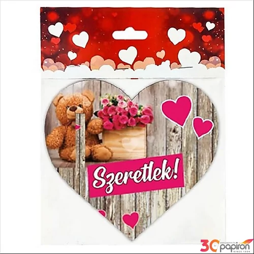 Valentini dekor fatábla szív, macis Szeretlek 1,5x15cm