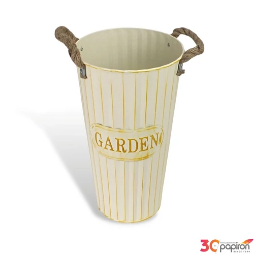 Váza bádog krém 19x35cm Garden feliratos magasított kötél fülekkel, strapabíró, bordázott