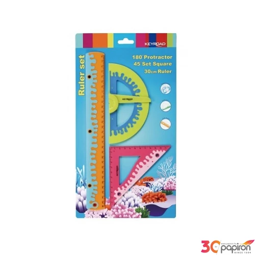 Vonalzó készlet Keyroad KR970226-3 műanyag gumibetétes 3db-os egyenes,45 fokos,180 fokos, színes